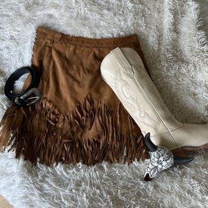 Free People Same Old Love Suede Fringe Mini Skirt.